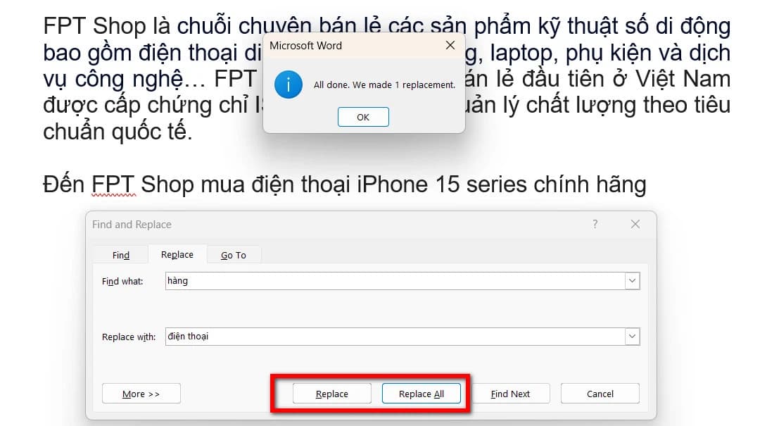 Hộp thoại find and replace hiện