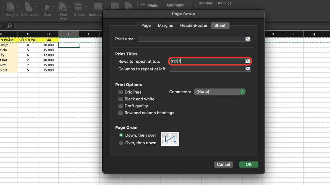 Sử dụng hàm dể lặp lại tiêu đề trong Excel