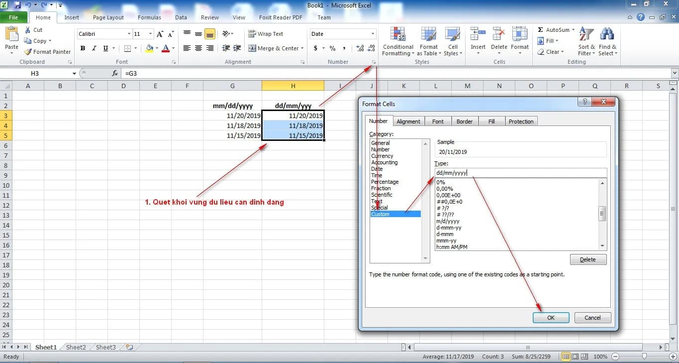 Các bước định dạng dd/mm/yyyy trong Excel